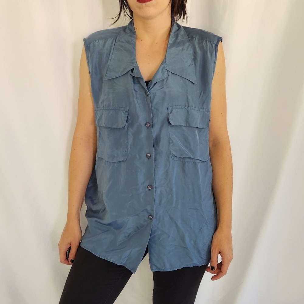 90s Blue Silk Sleeveless Blouse